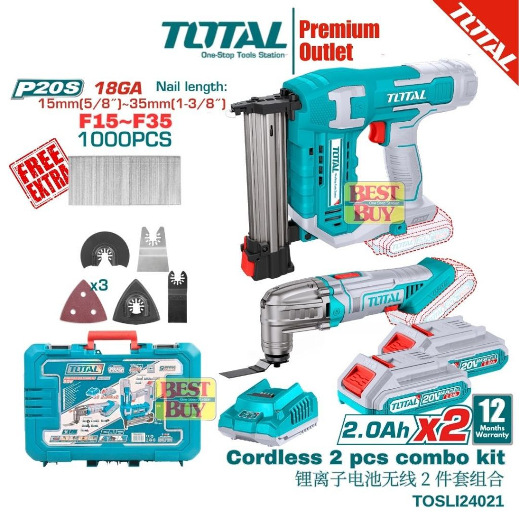Total 2 PCS LI-ION CORDLESS NAILER+MULTI FUNCTION TOOL 20V-TOSLI24021