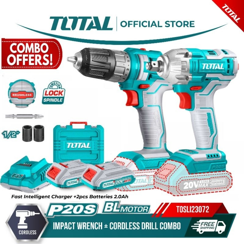 Total LI-ION CORDLESS 2PCS COMBO KIT WITH 2.0Ah BATTERIES 2X 20V-TOSLI230702
