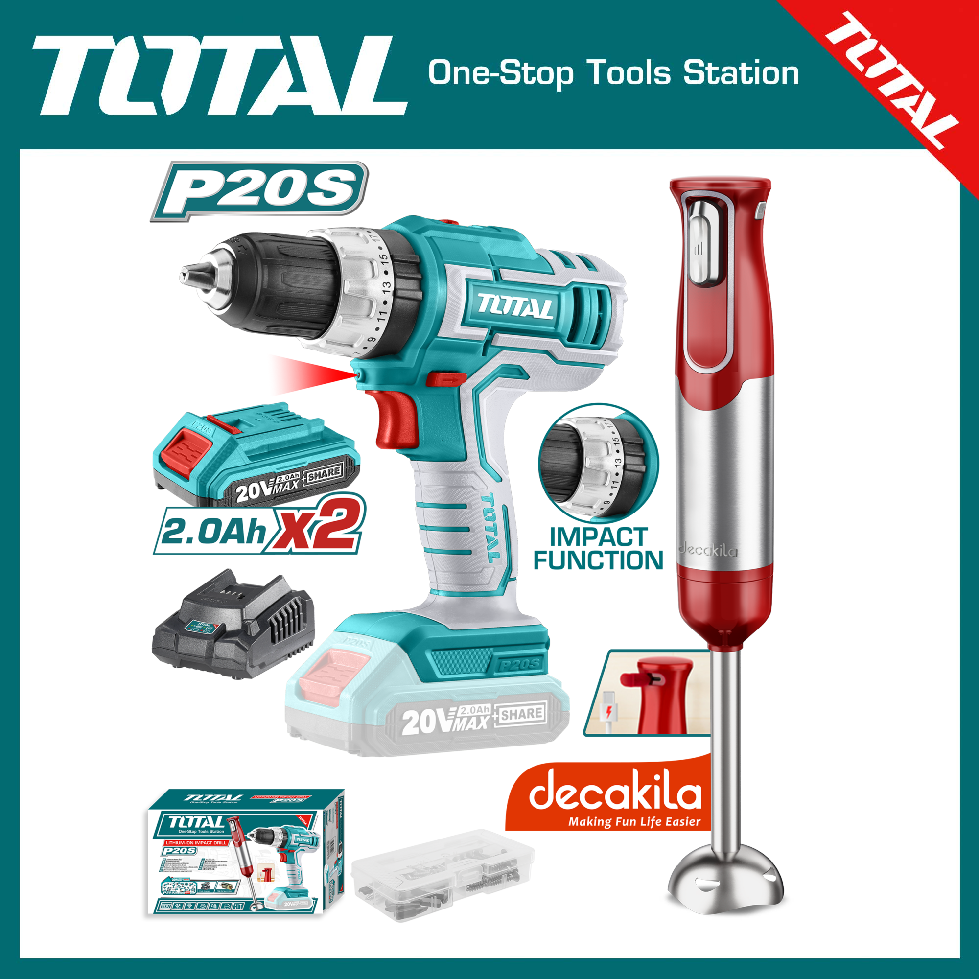 Total Lithium-ion cordless 2 pcs combo kit 20V-TOSLI22112