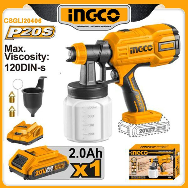 Ingco Cordless Spray Gun with Battery & Charger 20V-CSGLI20406